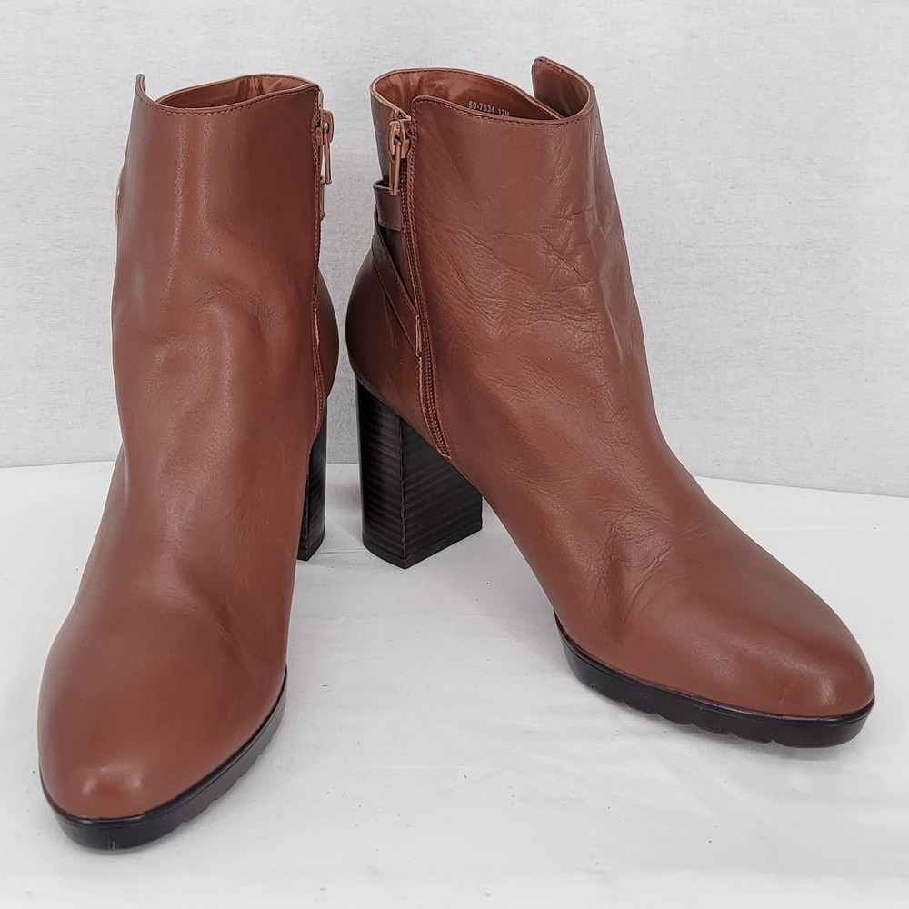 Bella Vita Brown Leather Ankle Boots Buckle Strap Stacked Block Heel 12M